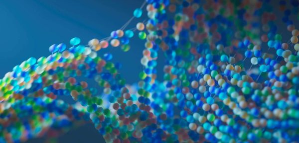 Abstract representation of interconnected colorful spheres on a blue background, resembling a molecular structure or network.